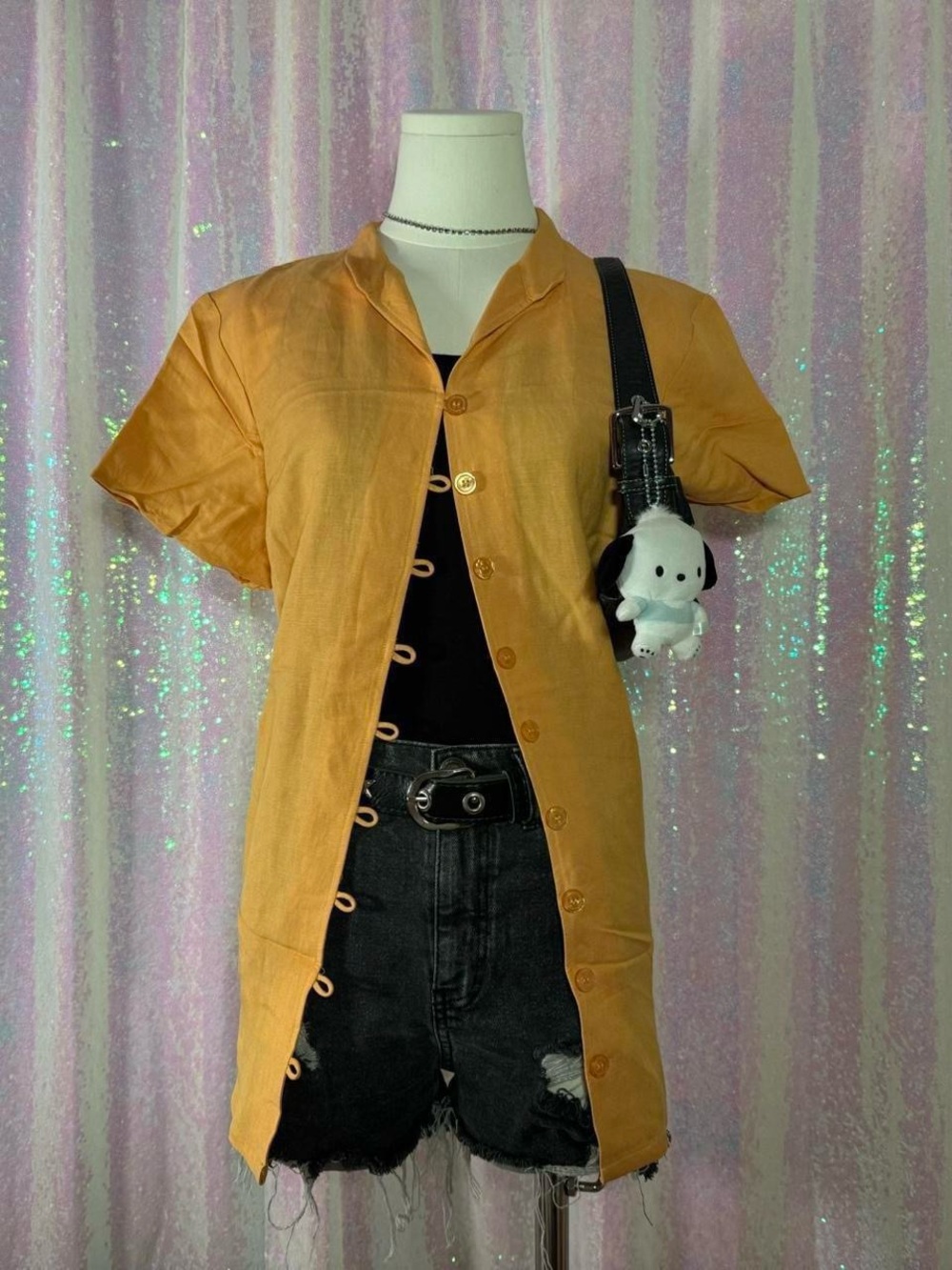 MetroStyle Orange Button-Up Short Sleeve Linen Blend Collared Blouse ★彡